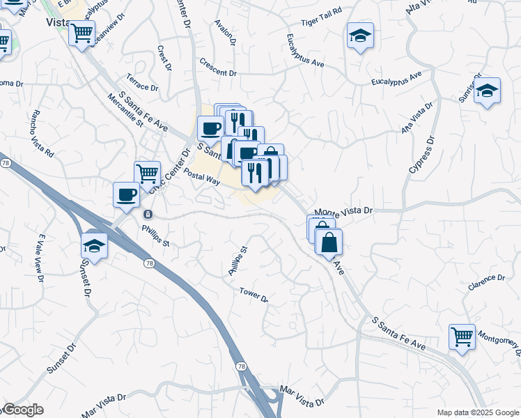 map of restaurants, bars, coffee shops, grocery stores, and more near 993 Postal Way in Vista