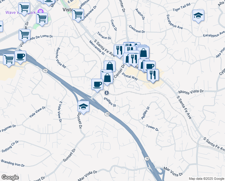 map of restaurants, bars, coffee shops, grocery stores, and more near 830 Sinkler Way in Vista