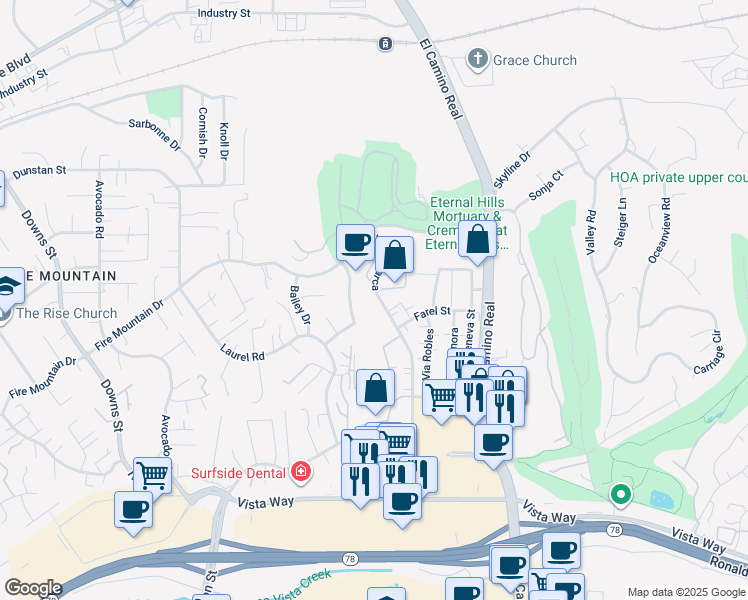map of restaurants, bars, coffee shops, grocery stores, and more near 2104 Costa Vista Way in Oceanside
