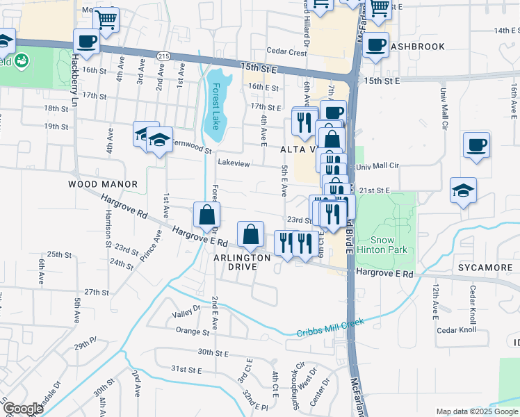 map of restaurants, bars, coffee shops, grocery stores, and more near 2300 5th Avenue East in Tuscaloosa