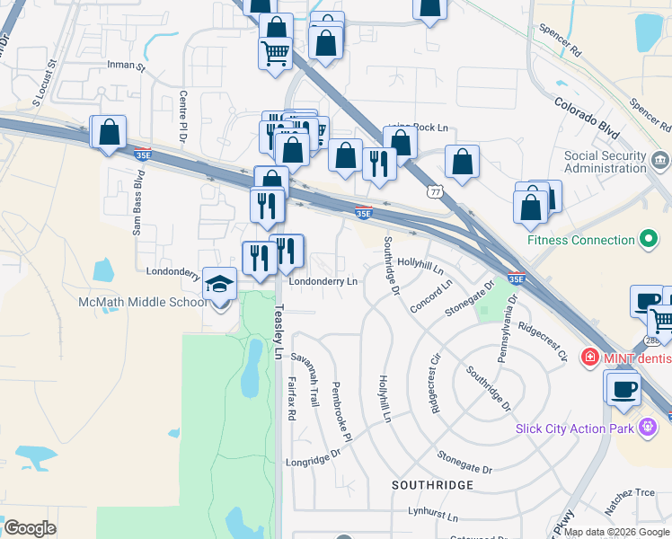 map of restaurants, bars, coffee shops, grocery stores, and more near 1800 Westminster Street in Denton