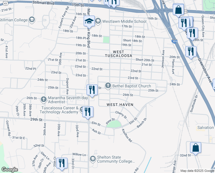 map of restaurants, bars, coffee shops, grocery stores, and more near 3002 25th Street in Tuscaloosa