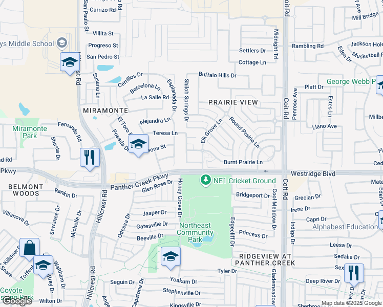 map of restaurants, bars, coffee shops, grocery stores, and more near 11829 Burnt Prairie Lane in Frisco
