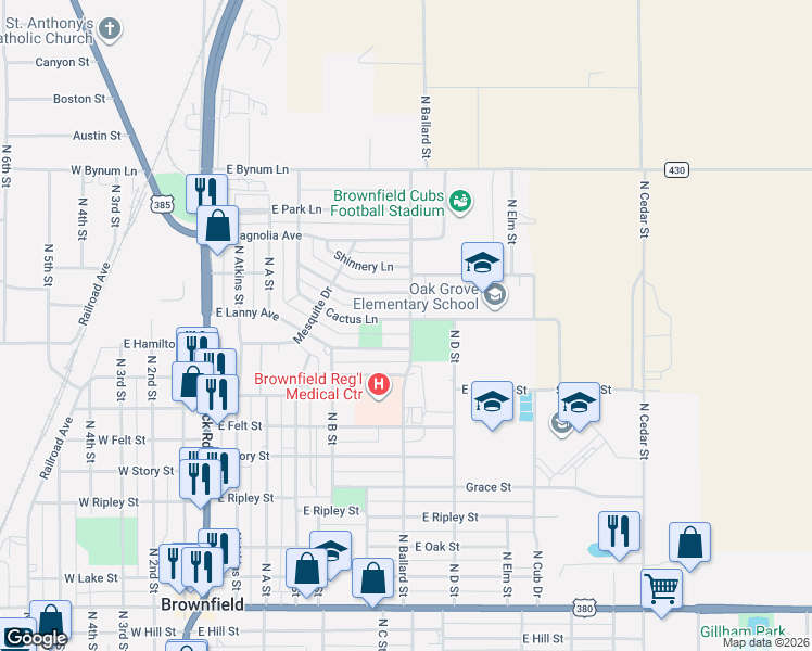 map of restaurants, bars, coffee shops, grocery stores, and more near 726 Cactus Lane in Brownfield