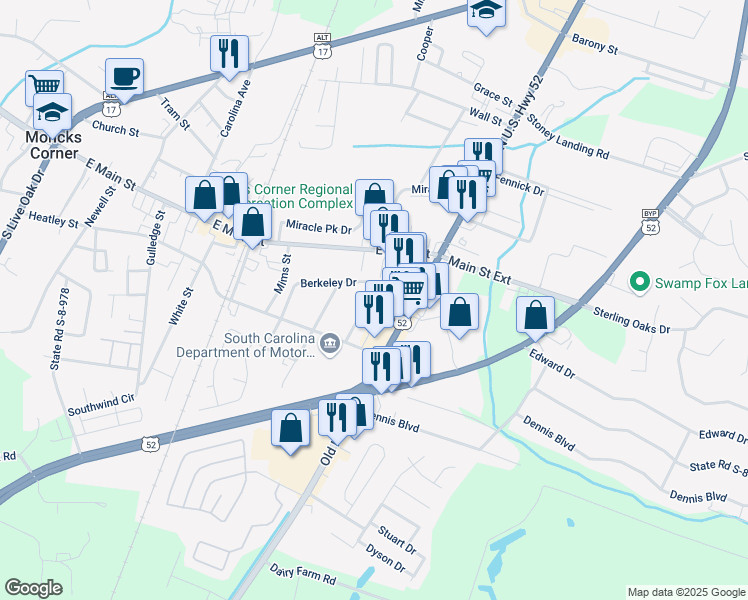 map of restaurants, bars, coffee shops, grocery stores, and more near 206 Palmetto Street in Moncks Corner