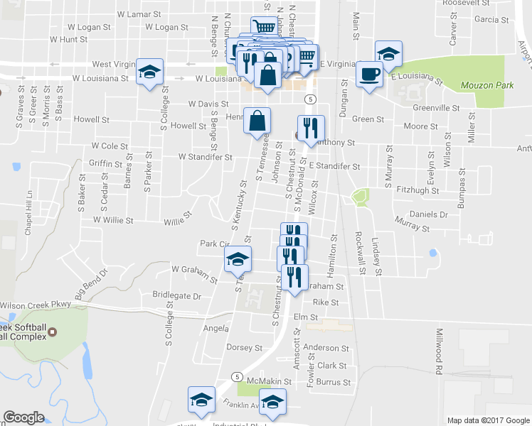 map of restaurants, bars, coffee shops, grocery stores, and more near 210 Christian Street in McKinney