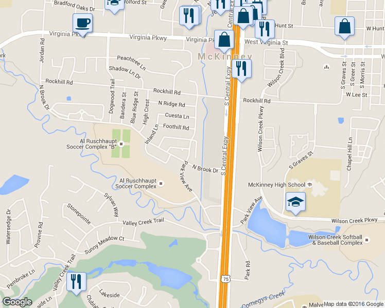 map of restaurants, bars, coffee shops, grocery stores, and more near 2214 Brookview Drive in McKinney