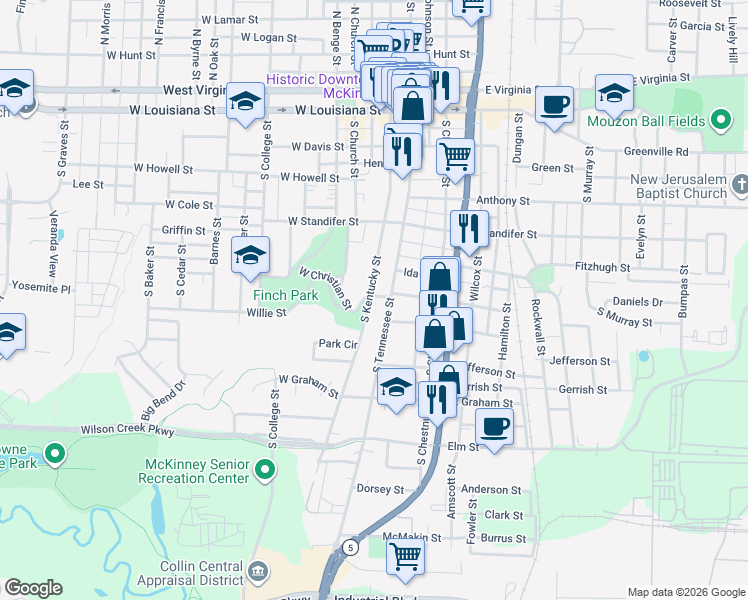 map of restaurants, bars, coffee shops, grocery stores, and more near 102 Christian Street in McKinney