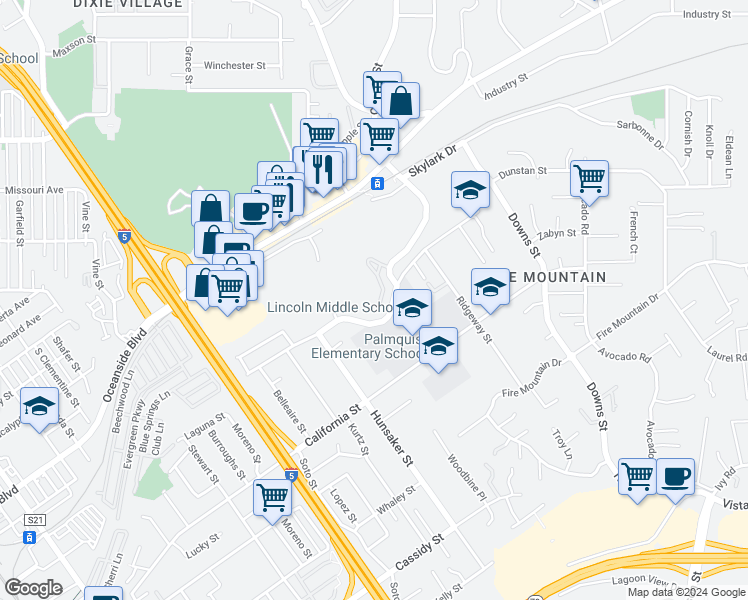 map of restaurants, bars, coffee shops, grocery stores, and more near 2018 Rue De La Montagne in Oceanside