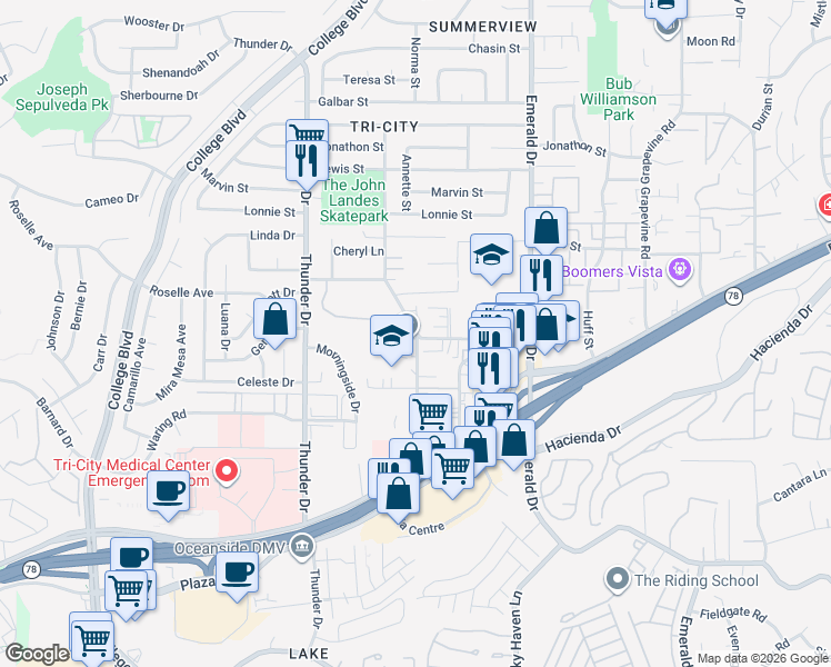map of restaurants, bars, coffee shops, grocery stores, and more near 260 Cedar Road in Vista