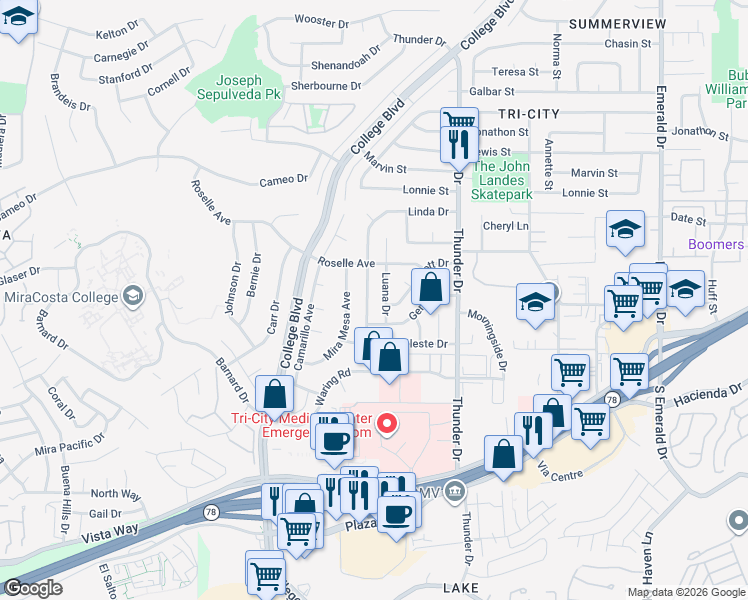 map of restaurants, bars, coffee shops, grocery stores, and more near 3020 Linda Drive in Oceanside
