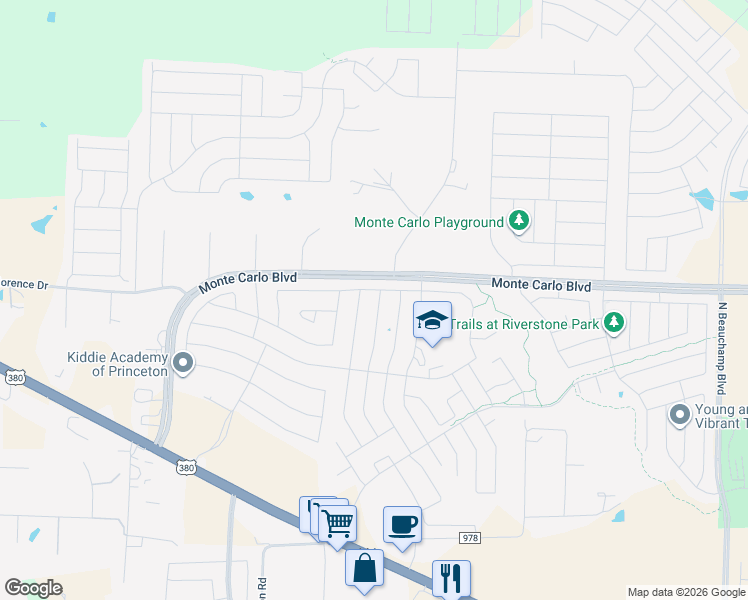 map of restaurants, bars, coffee shops, grocery stores, and more near 2134 Shady Glen Trail in Princeton