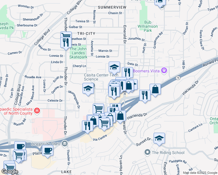 map of restaurants, bars, coffee shops, grocery stores, and more near 1901 West Drive in Vista