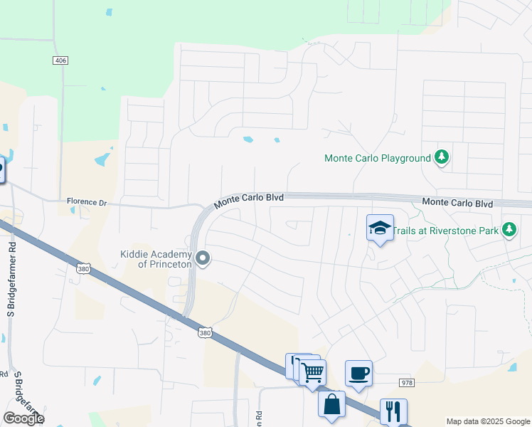 map of restaurants, bars, coffee shops, grocery stores, and more near 1400 Bent Grass Drive in Princeton