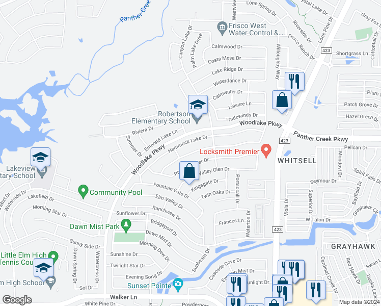 map of restaurants, bars, coffee shops, grocery stores, and more near 2449 Lake Bend Drive in Little Elm