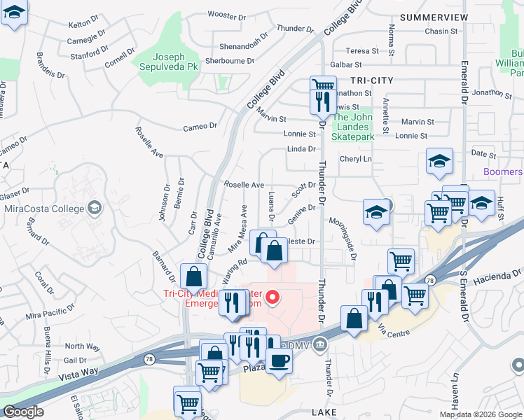 map of restaurants, bars, coffee shops, grocery stores, and more near 3020 Linda Drive in Oceanside