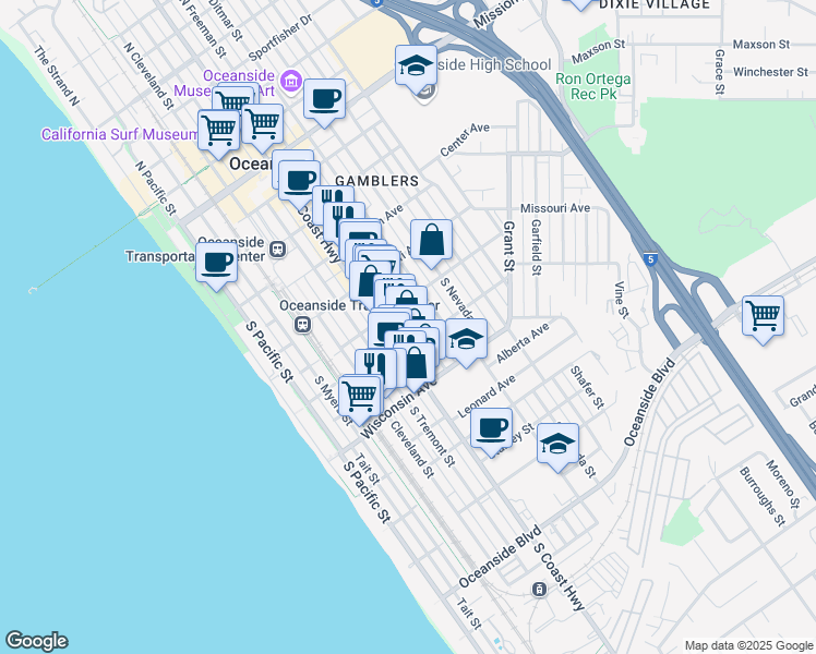 map of restaurants, bars, coffee shops, grocery stores, and more near 519 South Freeman Street in Oceanside