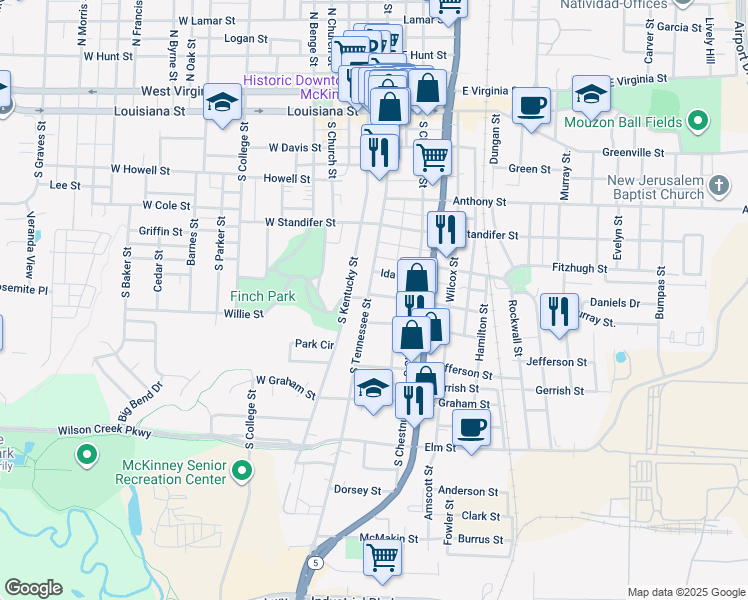 map of restaurants, bars, coffee shops, grocery stores, and more near 210 Christian Street in McKinney