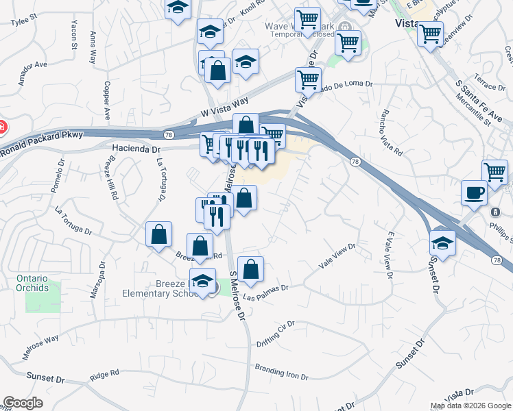 map of restaurants, bars, coffee shops, grocery stores, and more near 338 South Melrose Drive in Vista