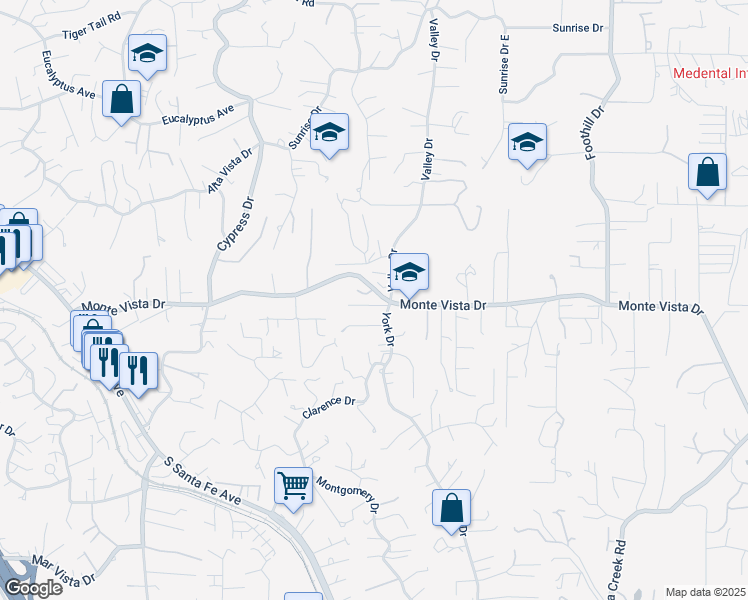 map of restaurants, bars, coffee shops, grocery stores, and more near 1653 Monte Vista Drive in Vista