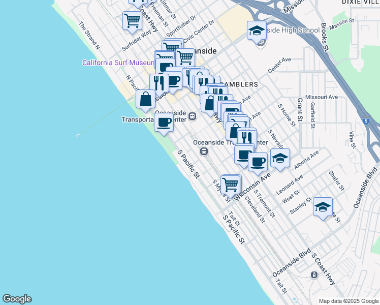 map of restaurants, bars, coffee shops, grocery stores, and more near 303 South Myers Street in Oceanside