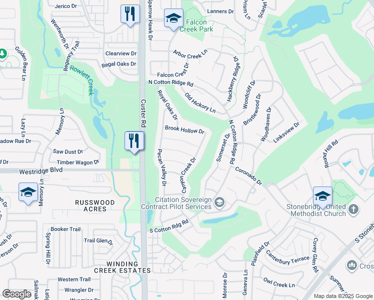 map of restaurants, bars, coffee shops, grocery stores, and more near 8612 Tanglewood Drive in McKinney