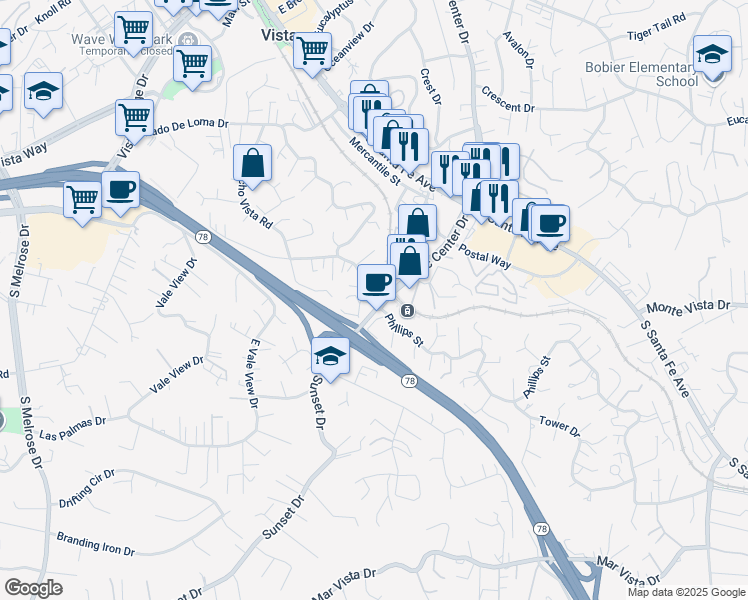 map of restaurants, bars, coffee shops, grocery stores, and more near 991 Civic Center Drive in Vista