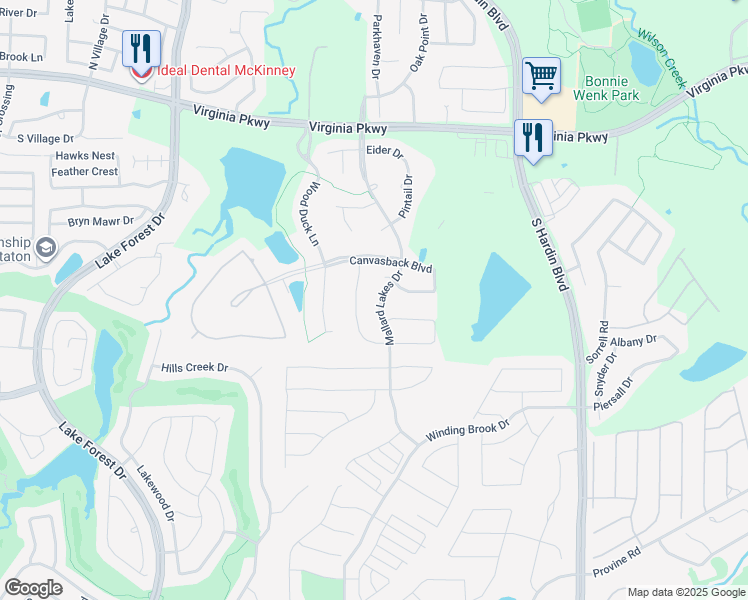 map of restaurants, bars, coffee shops, grocery stores, and more near 604 Mallard Lakes Dr in McKinney