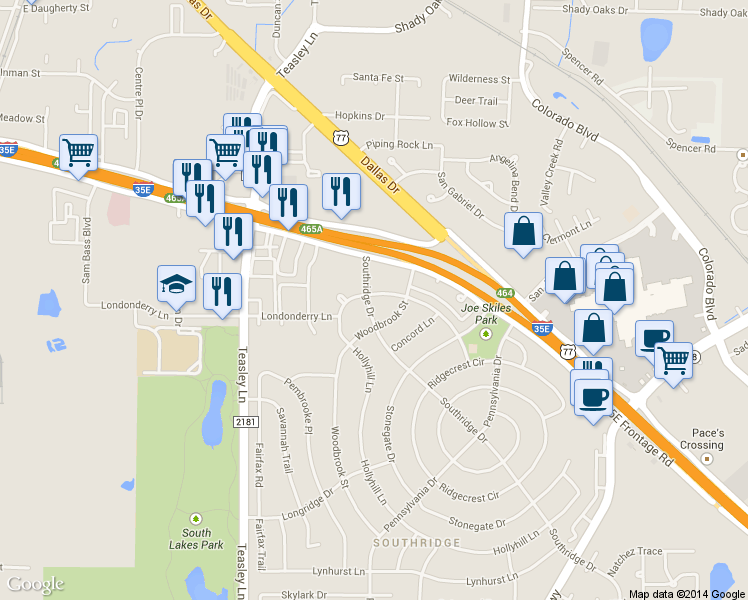 map of restaurants, bars, coffee shops, grocery stores, and more near 1801 Southridge Drive in Denton