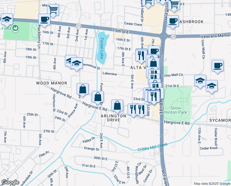 map of restaurants, bars, coffee shops, grocery stores, and more near 306 22nd Street East in Tuscaloosa