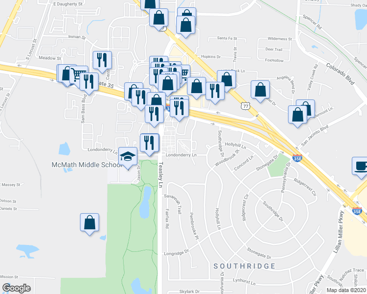 map of restaurants, bars, coffee shops, grocery stores, and more near 1800 Westminster Street in Denton