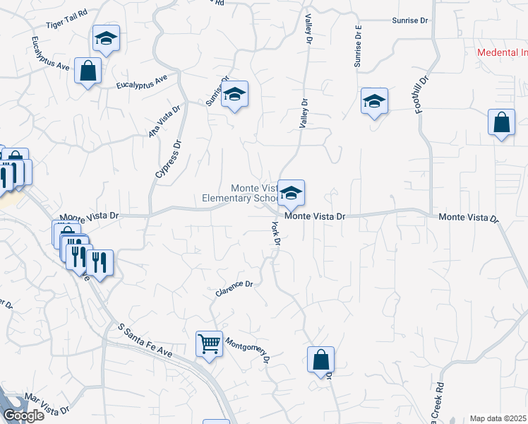 map of restaurants, bars, coffee shops, grocery stores, and more near 1653 Monte Vista Drive in Vista