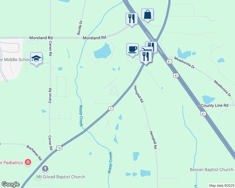 map of restaurants, bars, coffee shops, grocery stores, and more near 100 Timber Wolf Trail in Griffin