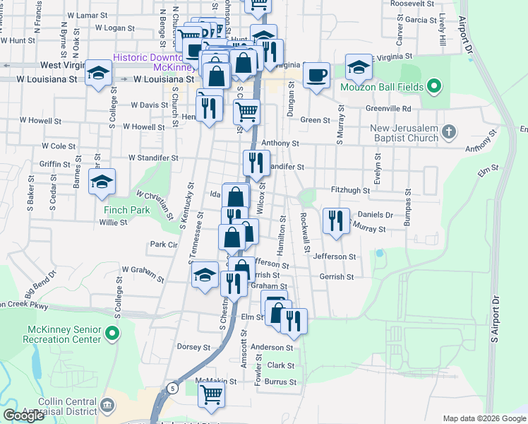 map of restaurants, bars, coffee shops, grocery stores, and more near 705 Wilcox Street in McKinney
