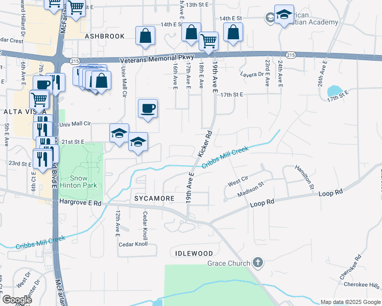 map of restaurants, bars, coffee shops, grocery stores, and more near 1714 21st Street East in Tuscaloosa
