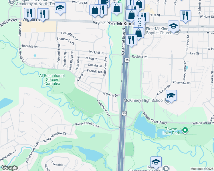 map of restaurants, bars, coffee shops, grocery stores, and more near 2214 Brookview Drive in McKinney