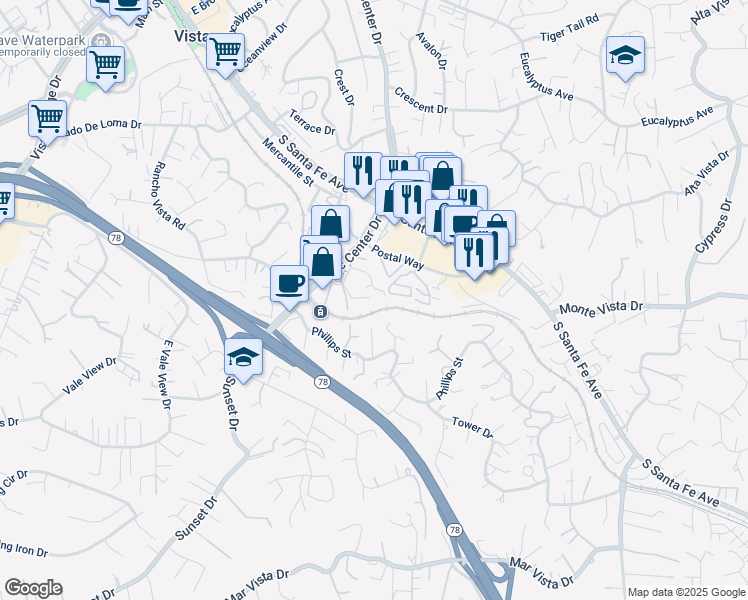 map of restaurants, bars, coffee shops, grocery stores, and more near 842 Sinkler Way in Vista
