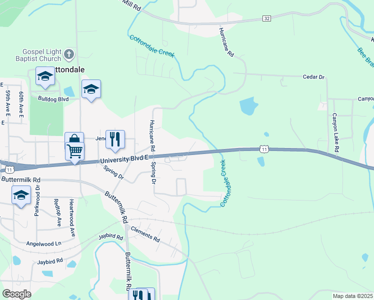 map of restaurants, bars, coffee shops, grocery stores, and more near 7220 University Boulevard East in Cottondale