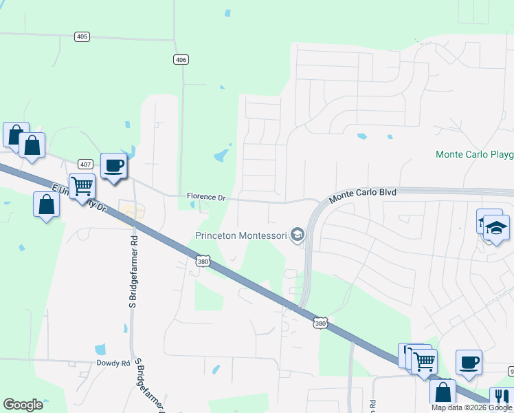 map of restaurants, bars, coffee shops, grocery stores, and more near 2127 Florence Drive in Princeton