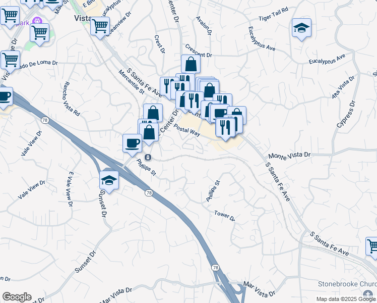 map of restaurants, bars, coffee shops, grocery stores, and more near 955 Postal Way in Vista