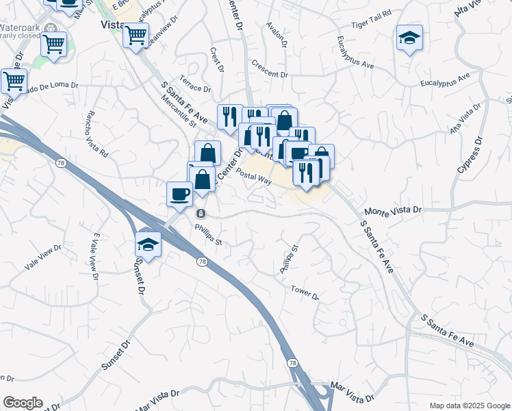 map of restaurants, bars, coffee shops, grocery stores, and more near 390 Pala Vista Drive in Vista