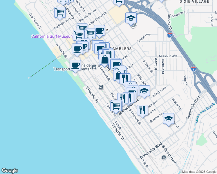 map of restaurants, bars, coffee shops, grocery stores, and more near 414 South Cleveland Street in Oceanside