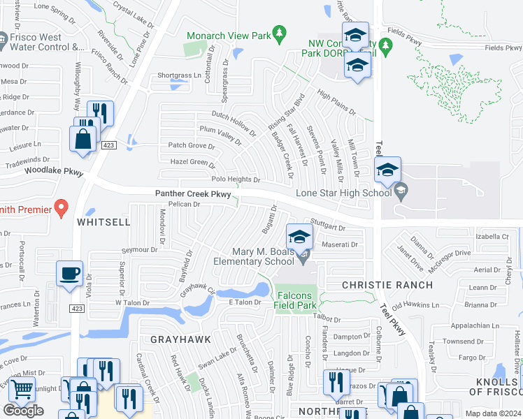 map of restaurants, bars, coffee shops, grocery stores, and more near 13482 Bavarian Drive in Frisco