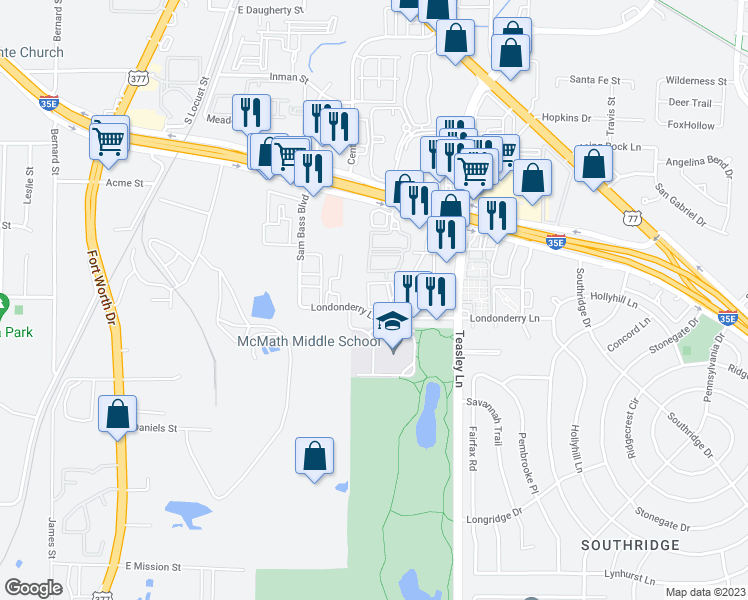 map of restaurants, bars, coffee shops, grocery stores, and more near 1810 Jason Drive in Denton