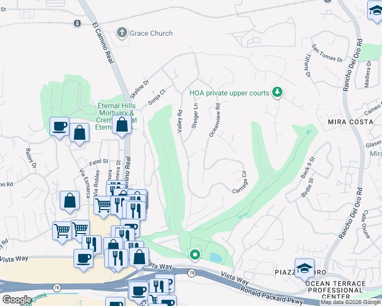 map of restaurants, bars, coffee shops, grocery stores, and more near 2210 Valley Road in Oceanside