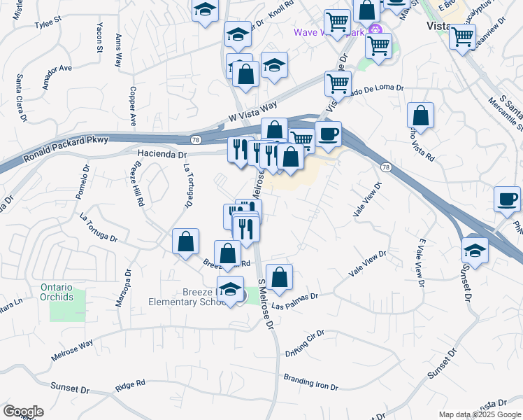 map of restaurants, bars, coffee shops, grocery stores, and more near 400 S Melrose Dr in Vista