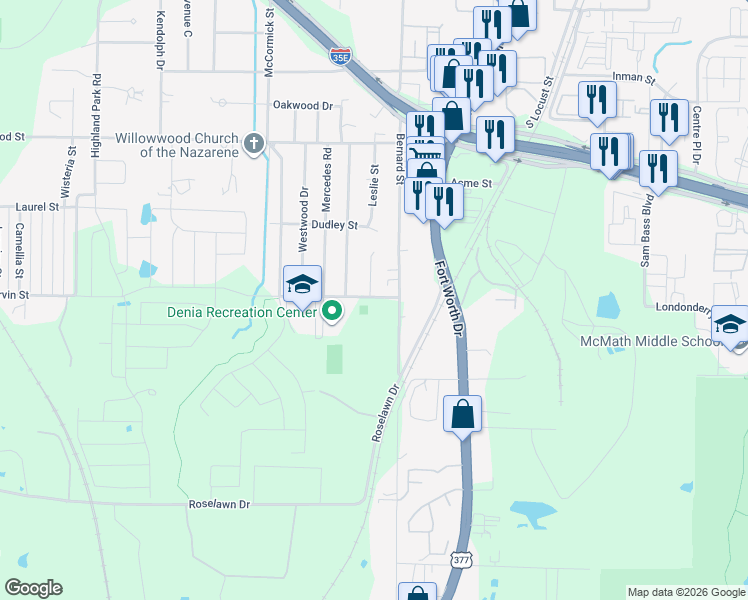 map of restaurants, bars, coffee shops, grocery stores, and more near 1000 Parvin Street in Denton