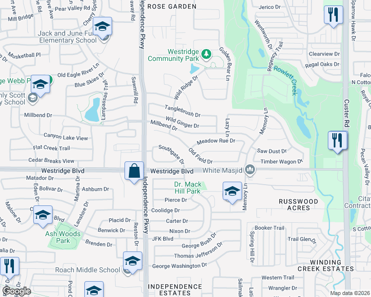 map of restaurants, bars, coffee shops, grocery stores, and more near 9829 Old Field Drive in McKinney