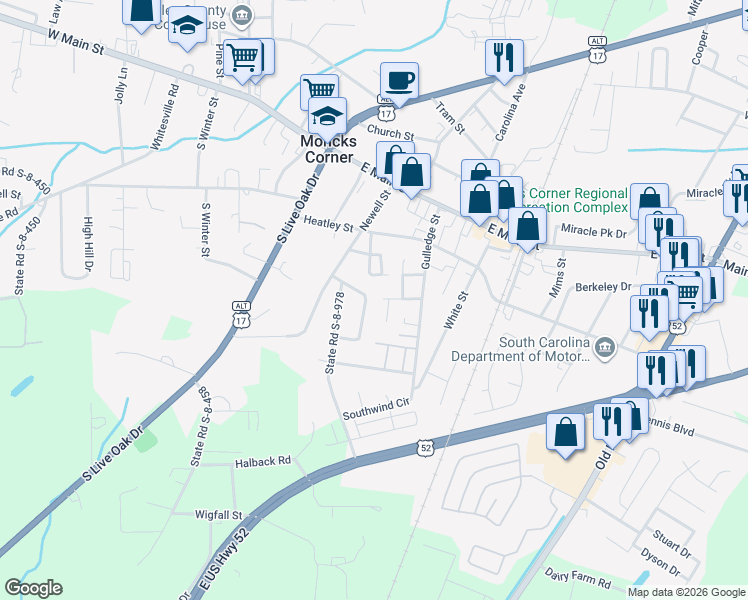 map of restaurants, bars, coffee shops, grocery stores, and more near 190 Monitor Circle in Moncks Corner