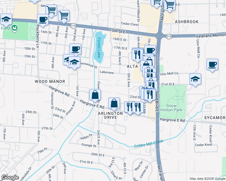 map of restaurants, bars, coffee shops, grocery stores, and more near 306 22nd Street East in Tuscaloosa